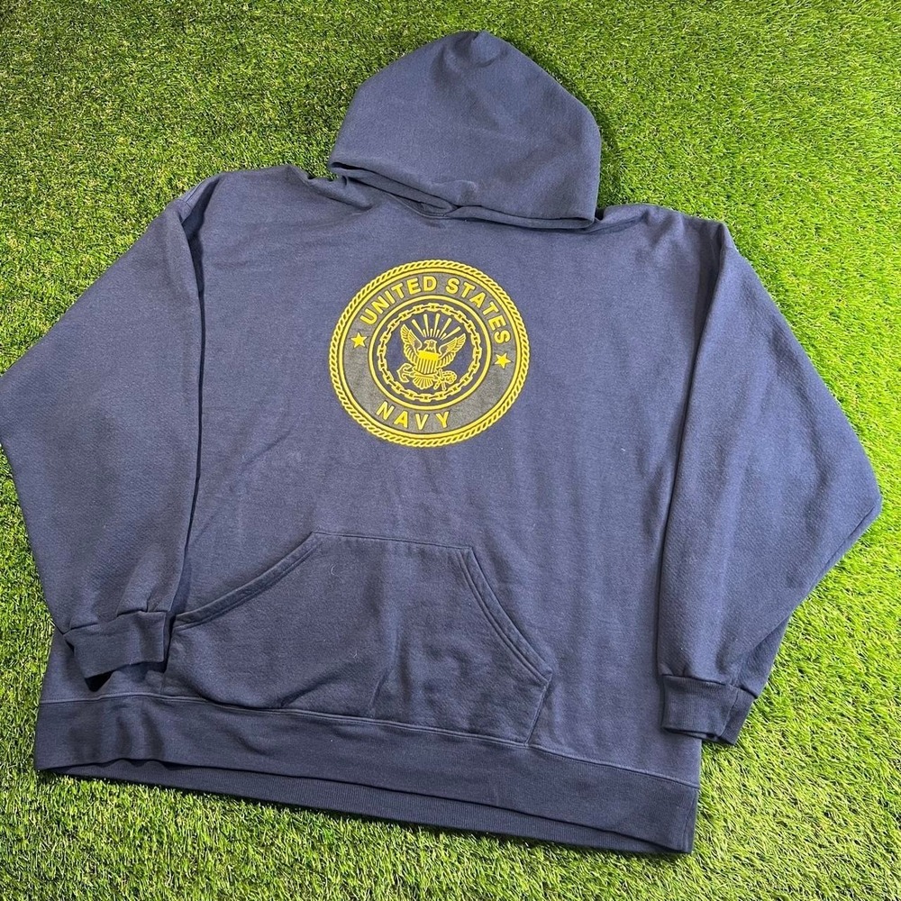 VTG Soffe US Navy Pullover Hoodie XL Spell Out Military Sweatshirt Blue USA - Picture 1 of 7